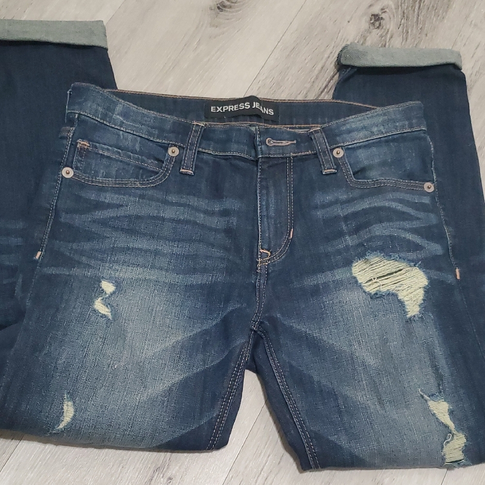 Express Distressed Blue Jeans. Girlfriend Style